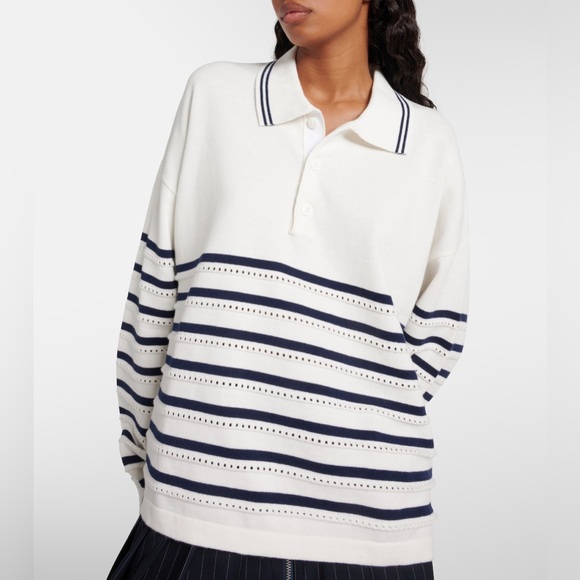 The Upside White Navy Wonder Striped Cotton Polo Collared Sweater - Picture 6 of 16